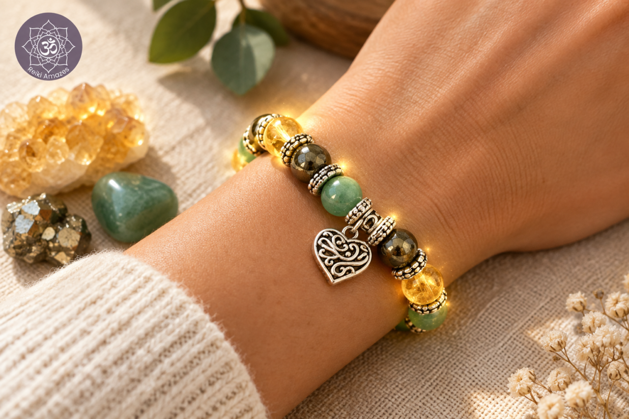 Woman wearing a multi-stone Money Magnet Bracelet with citrine, pyrite, and green aventurine